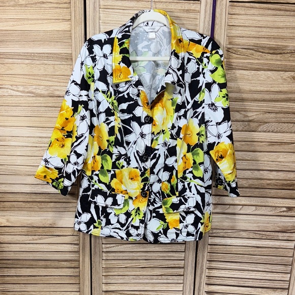 CJ Banks Jackets & Blazers - CJ Banks Black and White Floral Blazer with Yellow and Green Size 2x